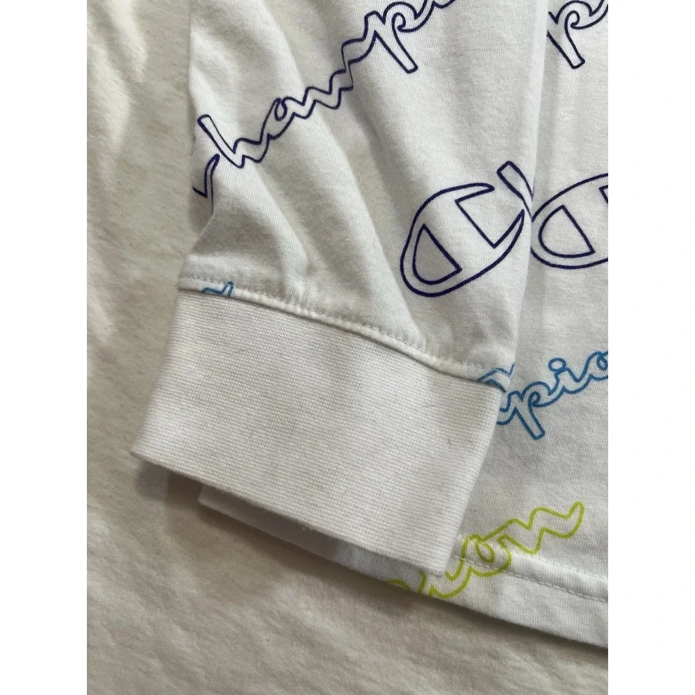 Champion Shirt Boys L White Graphic Spellout Logo AOP Long‎ Sleeve Youth Kids